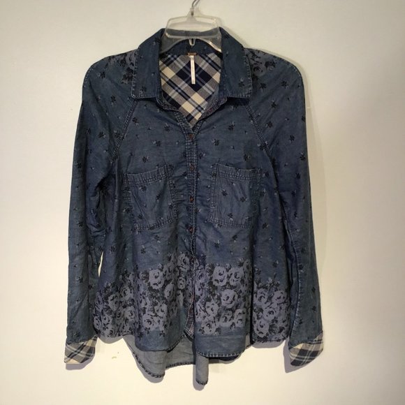Free People Dottie Over You Chambray Button Up Floral and Plaid Blouse Size S - Picture 9 of 14